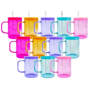 Bán buôn số lượng lớn 17Oz Jelly Glass Camper Mug với màu PP Nắp trà sữa bia tinh thể rõ ràng thăng hoa Glass Mug với PP Nắp