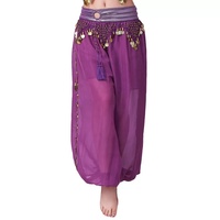 Pantalon sarouel à ourlet ouvert sur le côté de la danseuse du ventre avec bordure dorée et paillettes scintillantes, pantalon à chaîne à la taille pour Halloween arabe