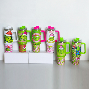Tumbler <span class=keywords><strong>da</strong></span> Viaggio in Acciaio Inox <span class=keywords><strong>da</strong></span> 40oz con Manico e Cannuccia, Stampa Natalizia Personalizzata <span class=keywords><strong>Grinch</strong></span> Leopard Tie-dye, Vendita all'Ingrosso - Product Image 1
