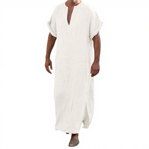 Robe longue à col en V pour hommes musulmans, ample et décontractée, de style ethnique rétro, chemise longue d’été - Product Image 1