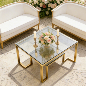 <span class=keywords><strong>Table</strong></span> basse de mariage et d'événements, style nordique moderne, cadre en acier inoxydable carré, plateau en verre double couche - Product Image 1