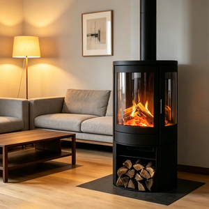 Popular Chimenea Eléctrica de Vidrio Curvo de 3 Lados, Estufa Metálica Independiente con Llama Simulada 3D Ajustable y Chimenea Decorativa - Product Image 1