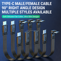 Kabel Ekstensi Datar Sudut 90 Derajat USB C Male Female, Transmisi Data 480Mbps, Pengisian Cepat 65W Kanan/Kiri/Kanan Atas/Kanan Bawah