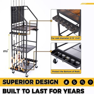 Garage fishing rod <b>storage</b> rack, holds 12 fishing rods, with pegboard/hooks, wheeled mobile fishing <b>cart</b>. - Product Image 3