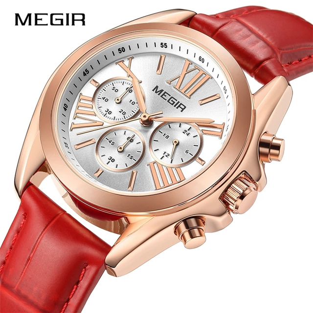 MEGIR 2114 New Fashion Leather Watch Women Female Top Brand Chronograph Quartz Wristwatch Lady Clock