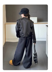 Completo Autunnale per Ragazze <span class=keywords><strong>in</strong></span> Ecopelle Tinta Unita con Maniche Lunghe, Stile Coreano Casual e Alla Moda, Set Due Pezzi - Product Image 6