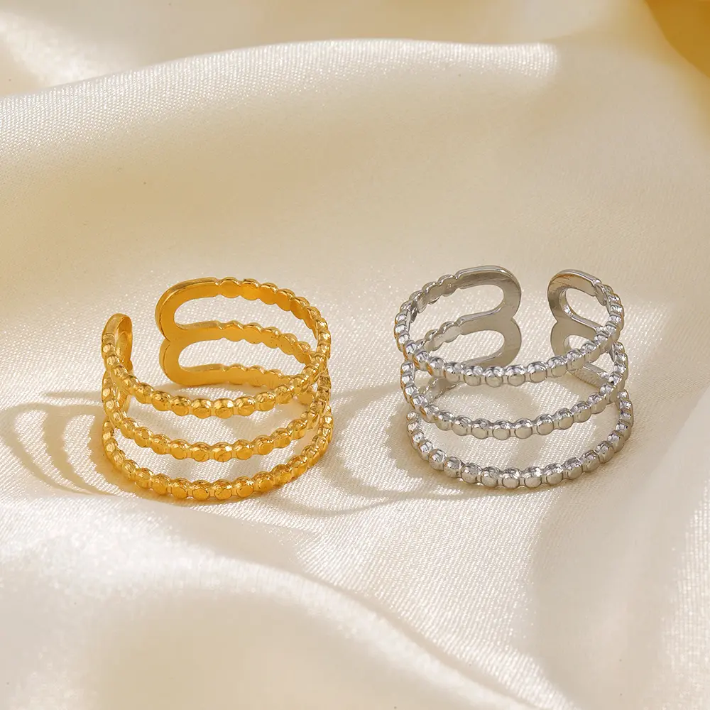 Cincin Perhiasan mode cincin manik-manik 3 lapis baja tahan karat terbuka berlapis emas 18K untuk wanita YRS393