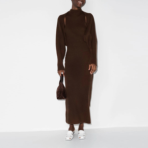 GUOOU abito personalizzato <span class=keywords><strong>in</strong></span> <span class=keywords><strong>maglia</strong></span> a costine <span class=keywords><strong>marrone</strong></span> abito Midi senza maniche a maniche lunghe Cardigan lavorato a <span class=keywords><strong>maglia</strong></span> abiti da donna - Product Image 1