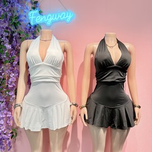 Miniabito estivo da donna con scollo a V profondo, nuovo modello scollato all'americana senza maniche con volant e linea ad A - Product Image 1