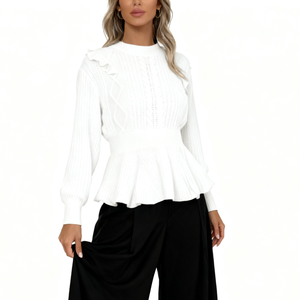 Women's <strong>White</strong> Western Textured <strong>Knit</strong> <strong>Sweater</strong> - Structured Waist Flared Peplum Hem Puff Sleeve Business Casual Brunch Pullover Top - Product Image 6
