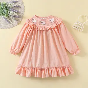 New Spring Autumn Girls Clothing Striped Long Sleeved Embroidery Skirt Retro Animal Lotus Leaf Collar Smocked Dress For Princess