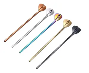 2023 Straw Spoon Metal Straw with Spoon Stainless Steel Drinking Straws Bar Accessories Customized Logo Acceptable Straight