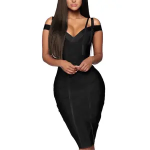 Wholesale sexy elastic Knee-length dress for women elegant V-neck bandage work dress plus size ladies sleeveless cocktail dress