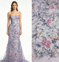 Tissu en dentelle à sequins florale lavande de luxe, tissu en tulle brodé de fleurs lilas pour robe de soirée haute couture