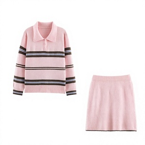 Pink Striped Knit Sweater <b>Set</b> Women Pullover <b>Jacket</b> <b>and</b> Mini <b>Skirt</b> Two Piece Autumn Outfit Casual - Product Image 4