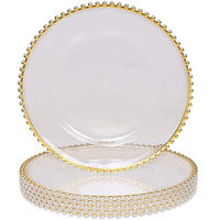 Assiettes de présentation personnalisées de 13 pouces, élégantes et luxueuses, dorées à perles, technique pigmentée, en plastique PS durable, transparentes, réutilisables, en stock pour mariages