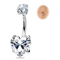 Anneau de nombril en titane ASTM F136 Aqua Heart Double CZ, barbell incurvé, bijou de piercing pour nombril, style boutique, look plage estival