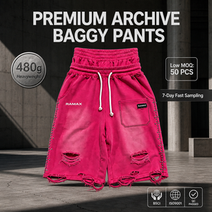RAMAX Premium Archive Baggy <b>Shorts</b> 480g Heavyweight Ripped Drawstring <b>Men</b> Street Style <b>Bermuda</b> <b>Shorts</b> - Product Image 1