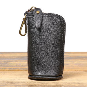 Pochette à clés rétro artisanale en cuir de vachette, format mini, avec protection RFID, fermeture éclair, pochette à monnaie grande capacité, pendentif de ceinture en toile - Product Image 1