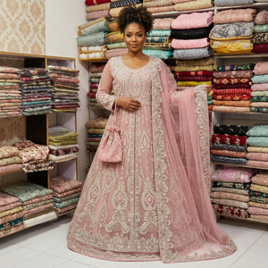 Vestido de novia largo hasta el suelo con bordado rosa de Fashionista International, estilo Lehenga Choli con dupatta de red, para mujeres, estilo India Pakistán. - Product Image 1