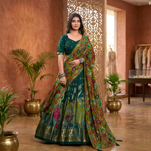 TENNECY Tasar Silk Kalamkari Print Foil Work <b>Border</b> Reversible Stretchable Sun Protection Quick Dry Ankle-Length Choli for - Product Image 1
