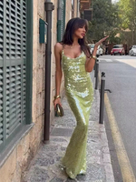 Robe longue unie verte sexy dos nu pour femme, élégante, à fines bretelles, col carré, coupe trapèze, respirante, pour soirée