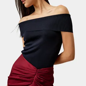 Black tee shirt ladies sexy off-shoulder silk cotton blend knitted sweater jumper top off the shoulder t- shirts for women