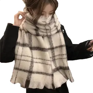 The latest winter fashion women's oversized plaid tassels scarf Rectangular thick fluffy fringe scarf for women