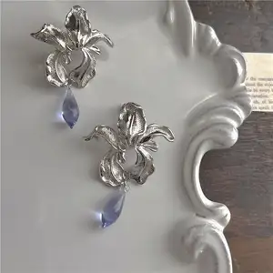 Luxury Vintage Handmade Chinese Elegant Silver Iris Flower Lucite Glaze Drop Earrings for Women Jewelry