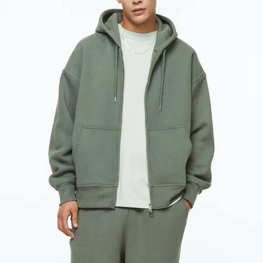 Manufacturer Custom Logo Heavyweight Green Blank Oversize Fleece Double Zipper Design Pullover Zip Up Hoodie For Men