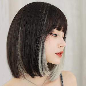Perruque Bob Courte Synthétique Femme, Effet Amincissant, <span class=keywords><strong>Frange</strong></span> Droite, Boucles Inversées, Longueur Clavicule, Perruque Complète, Tendance Internet, Effet Highlight Peekaboo - Product Image 4