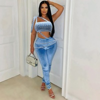 Ensemble deux pièces pour femme CY901463 – Crop top bustier et pantalon long moulant décontracté uni en Spandex/Polyester anti-boulochage