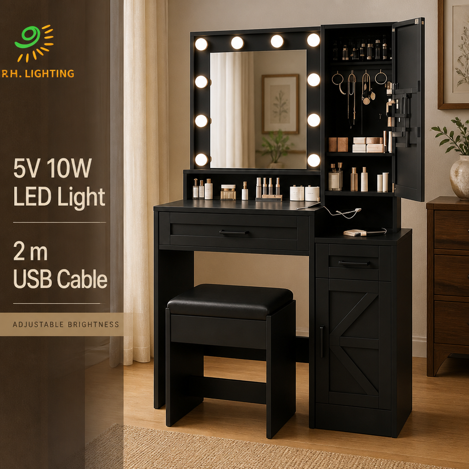 Joystar Black LED Makeup Vanity Table With Mirror and Stool CCT