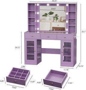 WenFeng OEM/ODM Coiffeuse moderne avec plateau en verre violet, miroir éclairé RGB <span class=keywords><strong>à</strong></span> 3 modes de changement de couleur, tiroirs, pour salle de bain, intelligente - Product Image 2