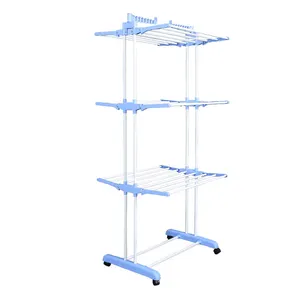 GG28 Indoor Outdoor Doek Droogrek Met Zwenkwielen 3 Tier Vouwen Wasserij Droger Hanger Met Bewegende Planken