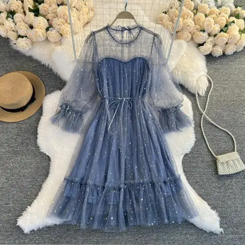 New Polyester stringy selvedge fairy dress women One-piece Princess dress see through look Sequined Mesh 708573