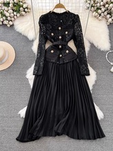 Primavera otoño nombre coreano señora encaje paneles A-Line Maxi falda <span class=keywords><strong>Dr</strong></span> Long Sve cuello cuadrado fruncido cintura - Product Image 2
