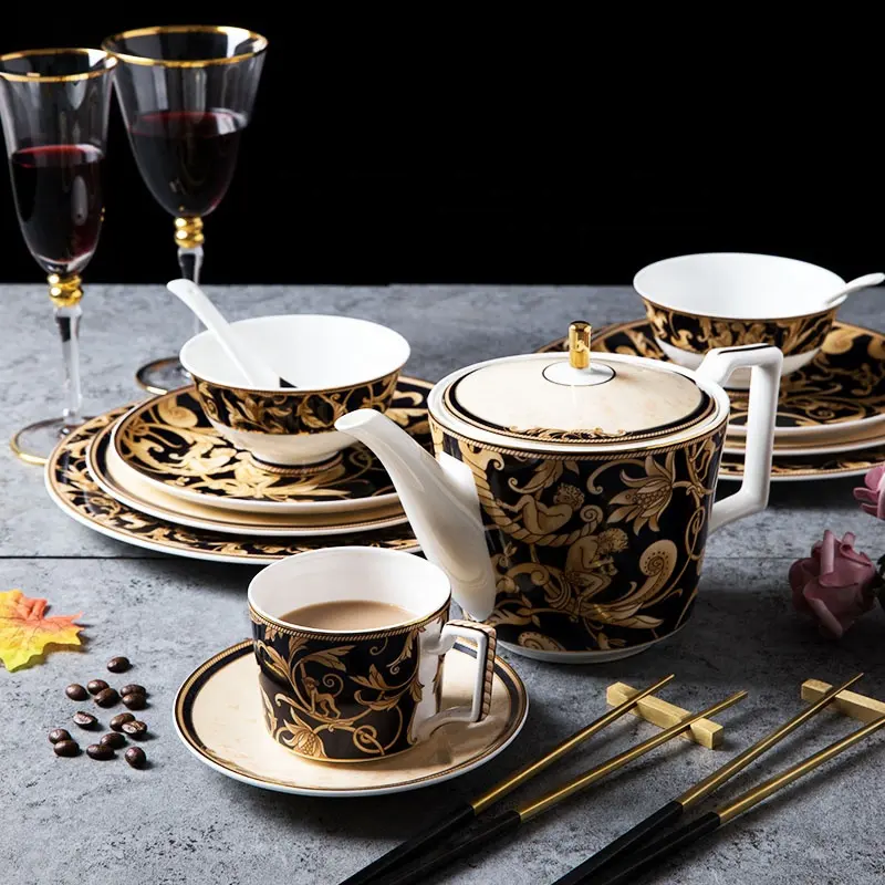 Nieuw Design Keramische Borden Luxe Rond Zwart Goud Diner Set Bone China Serviesgoed Borden Schaal En Bekersets Porseleinen Servies