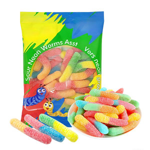 Directo de fábrica a granel, venta al por mayor, muestras gratuitas en forma de gusano, revestimiento de azúcar gomoso masticable, dulces suaves con sabor a fruta, 125g - Product Image 1