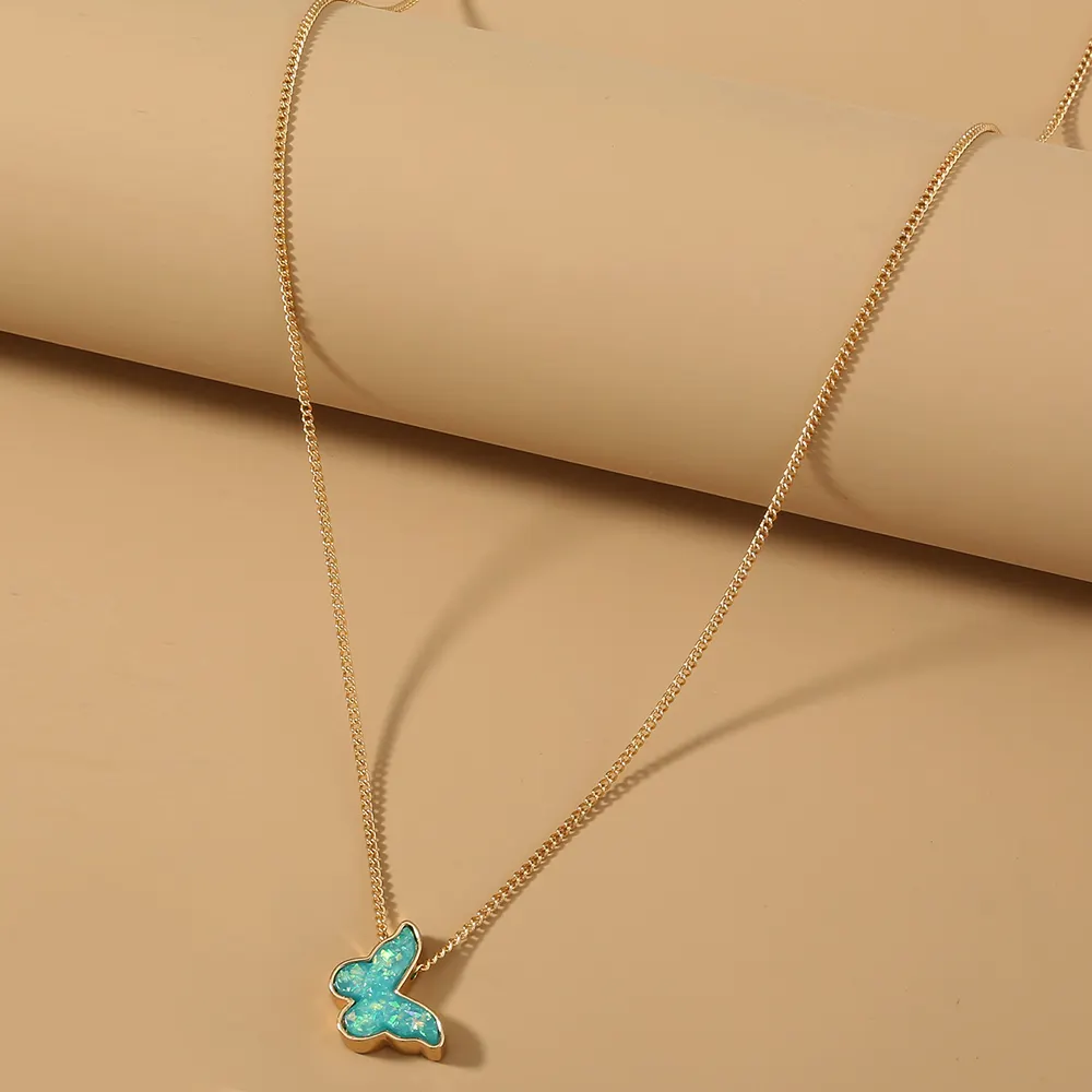 Trendy Personalized 18k Beads Chain Green Opal Acrylic Butterfly Pendant Necklace Women Jewelry
