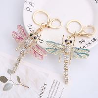 Porte-clés en métal avec strass en cristal, motif libellule, breloque décorative pour sac