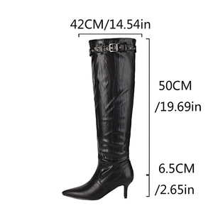 Big Size 46 Women's Pleated Upper Wide Fit <b>Knee</b> <b>High</b> Boots Medium Thin Heels Shoes Top Belt Buckle Long Booties - Product Image 5