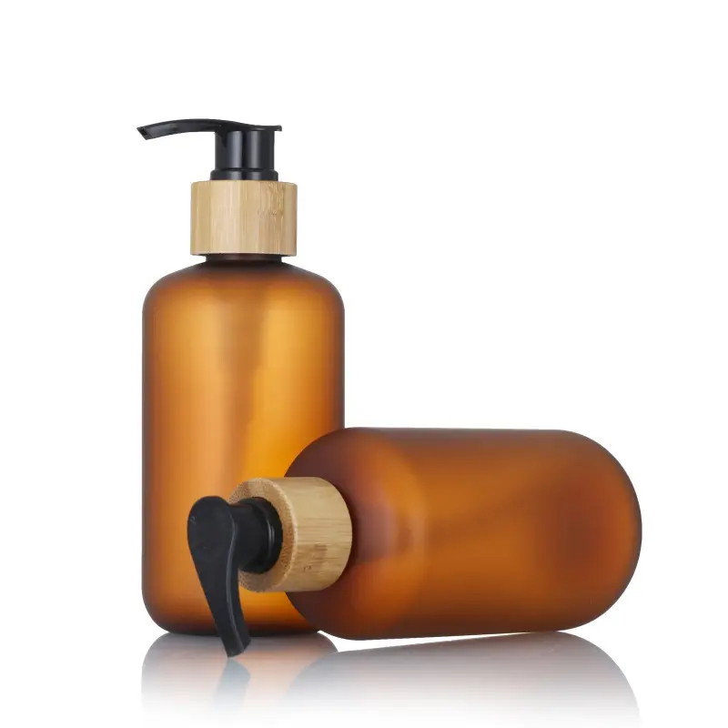 120ml 250ml 500ml Flacons de shampoing en plastique PET à pompe en bambou ambré givré avec couvercle