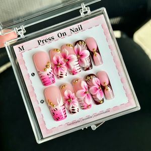 TSZS - <span class=keywords><strong>Uñas</strong></span> Acrílicas Hechas a Mano al por Mayor, 10 Piezas, Medianas, Cuadradas, Almendradas, con Diseño Floral, Cruz y Perlas, Puntas <span class=keywords><strong>de</strong></span> <span class=keywords><strong>Uñas</strong></span> Postizas Hechas a Mano - Product Image 4