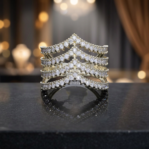 Bague de mariage pour femme en or jaune massif 14 carats plaqué rhodium, classique, multi-couches, motif chevron, diamant naturel taille brillant, forme en V - Product Image 3