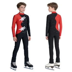Combinaison de performance pour garçons de 6 à 16 ans, col montant, design color block, manches longues, coupe ajustée, costumes de patinage artistique personnalisés pour hommes - Product Image 2