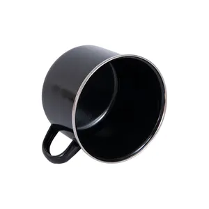 Cangkir Enamel kopi perjalanan hitam awet kualitas bagus kustom mug Kemah api unggun air minum dengan pegangan