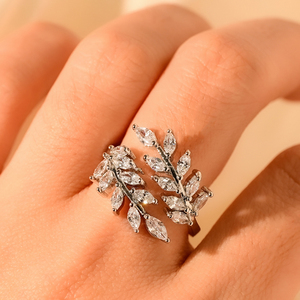 Anillo de Doble Hoja en Tono Plata al por Mayor, Anillo Abierto de Cristal CZ Talla Marquesa, Joyería de Tendencia al por Mayor - Product Image 1