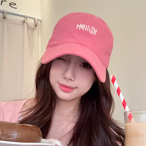 สวัสดี หมวกเบสบอลลายหน้ายิ้มสำหรับผู้หญิง หมวกผ้าฝ้ายสีชมพู หมวกกันแดด สไตล์ลำลอง ฤดูใบไม้ผลิ ฤดูใบไม้ร่วง สไตล์เรโทร ตัวอักษรภาษาอังกฤษ - Product Image 2