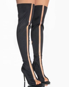 Bottes longues d'été pour femmes, extensibles, en PVC et daim, patchwork, au-dessus du genou, à bout ouvert, talons hauts - Product Image 4